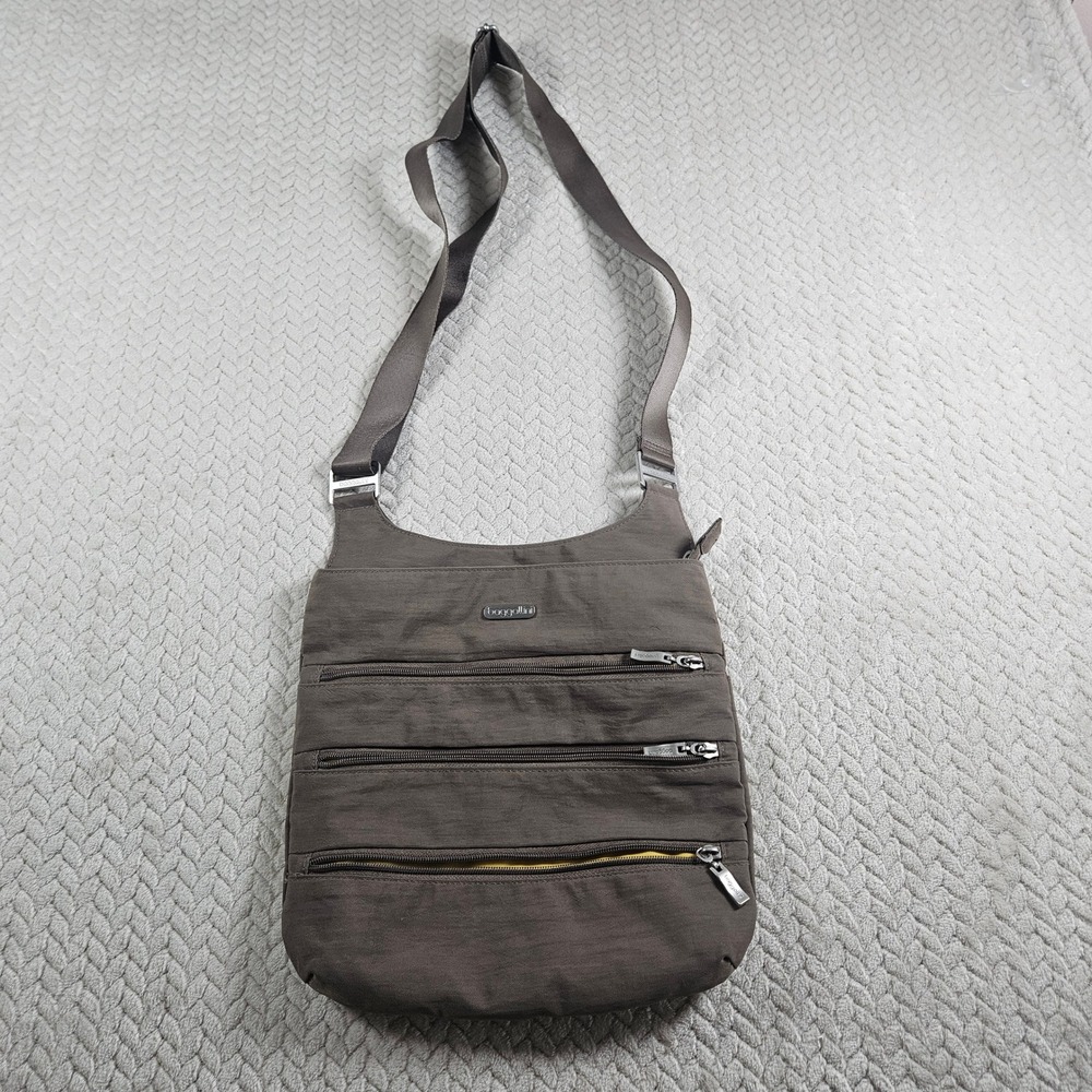 Baggallini Triple Zip Crossbody Bag Charcoal Gray Nylon Yellow Lining Travel Bag